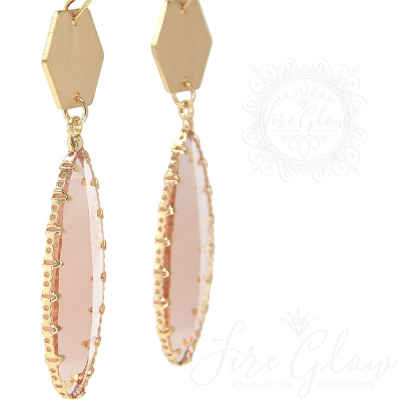Peach Teardrop Gem Brushed Gold Tone Hex Earrings - Picture 3 of 15